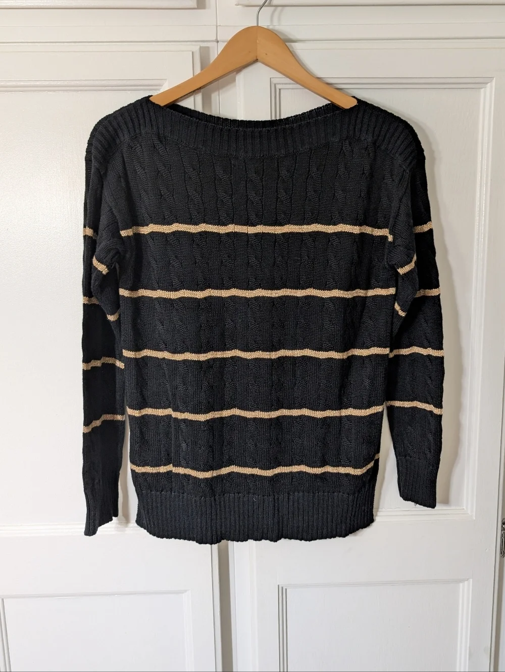LRL Striped Cable‎ Knit Women's Sweater - Black and Tan-Small